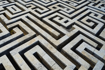 Overhead view of a 3D maze in monochrome