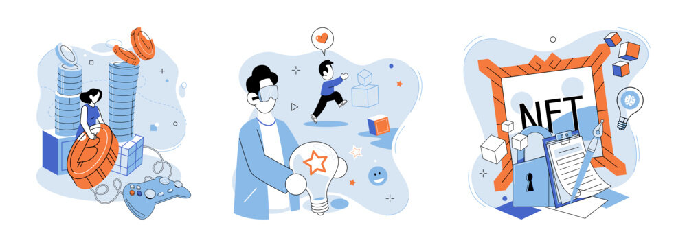 Web 3 vector illustration. The web3 metaphor represents paradigm shift in concept internet and its capabilities Businesses thrive in digital economy by leveraging blockchain technology and Businesses