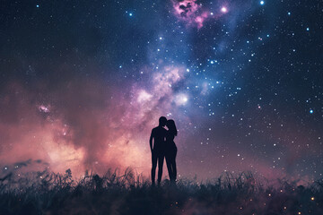 Fototapeta na wymiar a couple cuddling on beautiful space sky background