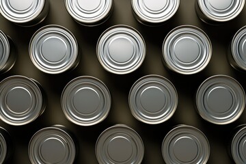 Tin cans on coloured background. Overhead view.