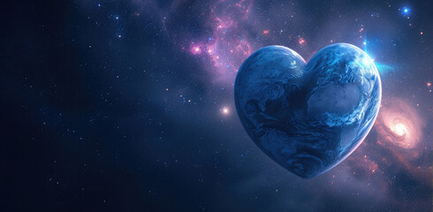 Naklejka na ściany i meble planet Earth in a shape of a heart in outer space, banner with copy space