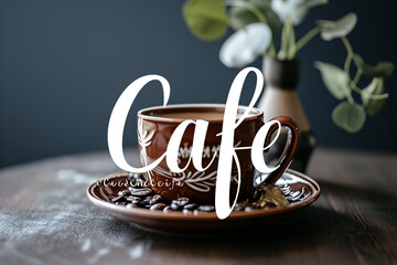 Coffee cup with Cafe text in fancy script over dark background