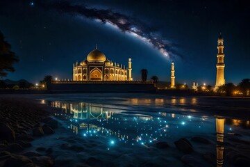 Fototapeta na wymiar Write a poem inspired by the celestial beauty of a night sky embellished with stars and the soft radiance of the Islamic crescent. 
