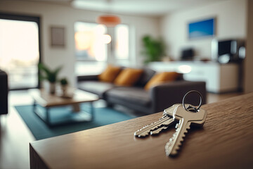 Interior of new house, apartment or hotel room with keys on the table. Mortgage, investment, rent, real estate, property concept - obrazy, fototapety, plakaty