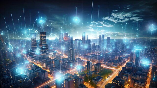 A futuristic cityscape with towering skysers, emblazoned with the logos of various stem cell research companies, hinting at a world where this technology is a dominant force.
