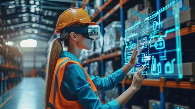 Futuristic Technology Warehouse Concept: Female Worker Doing Inventory, Using Augmented Reality Application On Tablet - Powered by Adobe