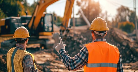 Hispanic Female Inspector Talking to Caucasian Male Land Development Manager With Tablet On Construction Site Of Real Estate Project. Excavators Preparing For Laying Foundation. Hot Sunny Day