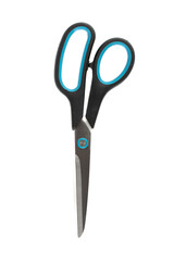 Stationery scissors with plastic black and blue handles isolated on a white background.