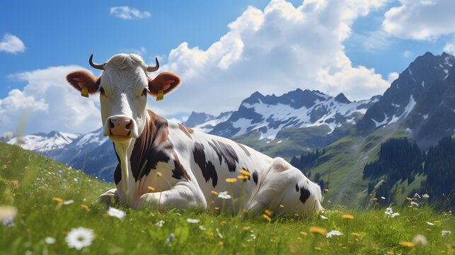spotted cow grazes in an alpine meadow