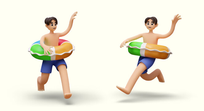Male character is running wearing inflatable circle. Vacationer goes to sea. Concept of summer vacation. Trip to tropical country. Sale of hot tours, ads