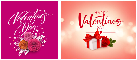 Naklejka premium Valentine day red roses, Vector valentines day lettering on flower background