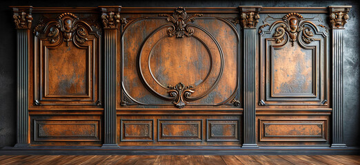 wood panel background with wall moldings on an isolated wall, in the style of rococo-inspired details, atmospheric and moody lighting