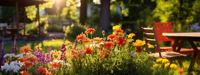 Fototapeta na wymiar Summer backyard with vibrant wildflowers and warm sunlight with copy space