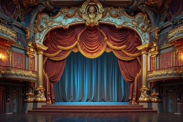 golden frame and red curtains theater stage