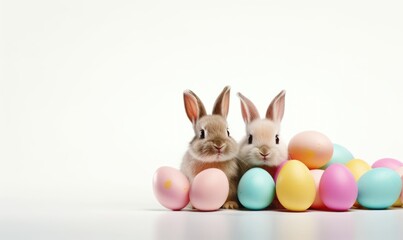 Naklejka na ściany i meble Happy Easter Bunny with many colorful easter eggs