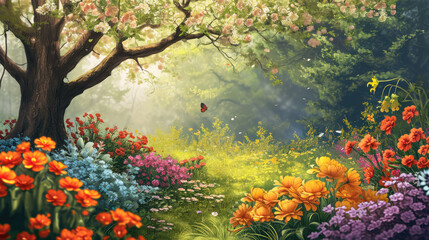 Obraz na płótnie Canvas Summer backyard with vibrant wildflowers and warm sunlight with copy space