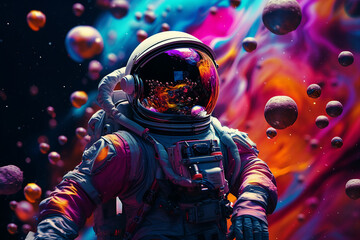 Generative AI picture of astronaut spaceman woman do space walk working space station in outer space futurism