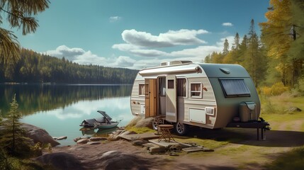 Trailer of mobile home, or recreational vehicle standing on the shore of a pond. Camping in the nature, and family travel concept