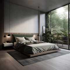 Minimalist interior of bedroom in modern house.