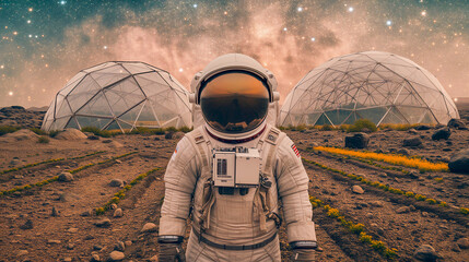 Astronaut standing in a human colony on Mars. (AI created) - obrazy, fototapety, plakaty