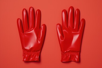 One pair red leather gloves on red background.