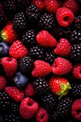 Overhead view mix berries close up image. Full frame.