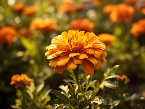A vibrant burst of orange and yellow petals, intricately layered on an herbaceous outdoor plant known as the tagetes patula or common zinnia, creates a captivating close-up of the beautiful and resil