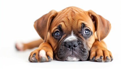 Obraz premium Feature the playful and lovable demeanor of a Boxer puppy in a heartwarming pose against a clean white background, Boxer puppy dog on white background.