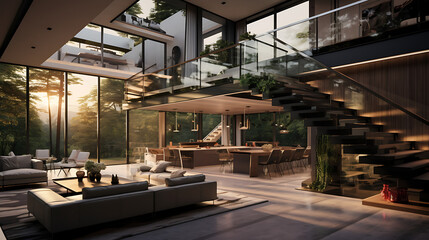 Perched on the second floor of a beautiful house, this image showcases a modern interior view - obrazy, fototapety, plakaty