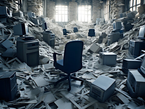 Amidst the dust and debris of an abandoned building, a solitary chair sits surrounded by a maze of outdated computer equipment, a silent reminder of a once bustling indoor workspace