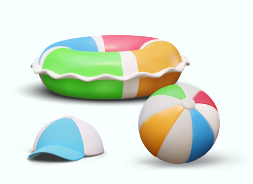 Accessories for safe children rest on beach. 3D sun protection baseball cap, inflatable ring, light colored ball. Vector bright composition for web design
