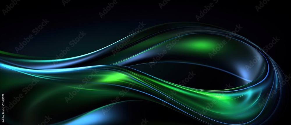 Wall mural abstract wave pattern on dark background. green neon flow for wallpaper.