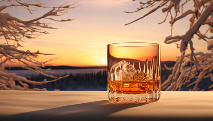 A glass with ice sitting on top, in the style of romantic landscape vistas, orange, wimmelbilder, mountainous, photo, luxurious

