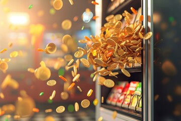 3D rendering of many gold coins falling out of a vending machine