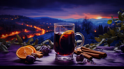 Mulled wine in winter season, in the style of dark cyan and light crimson, photo-realistic landscapes, violet and crimson, dark orange and light gray, wimmelbilder, outdoor scenes, zen-inspired

