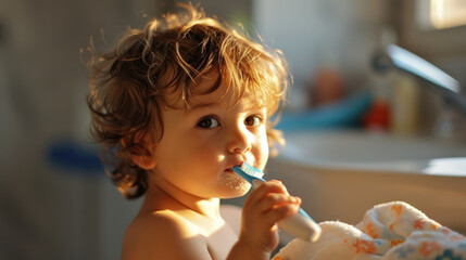 Cute little boy brushes his teeth by himself. The boy is holding a toothbrush in his hands.