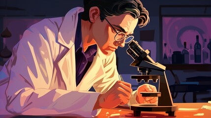 An illustration of scientist looking through microscope. Scientist studying virus in laboratory.