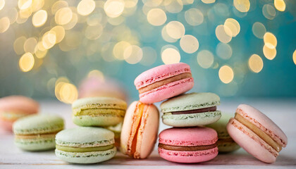 Delicate pastel French macaroons arranged on a dreamy bokeh background, creating a sweet and visually pleasing dessert composition