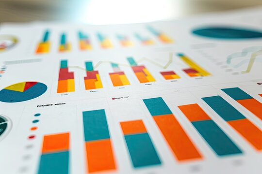 Multiple colorful graphs and charts are printed on papers spread out on the wooden desk