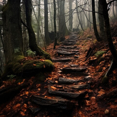 An ancient stone stairway in the foggy woods.