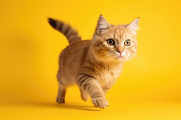 Obraz premium One walking tabby kitten on yellow background.