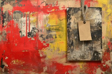 Red and yellow paint splatters are visible on the textured surface of the greyish-white canvas
