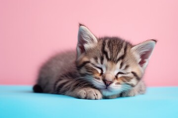 One close-up sleeping kitten on studio pink background.