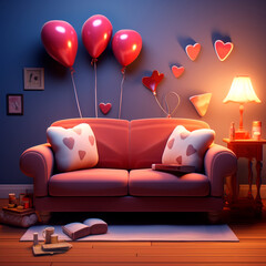 Living room with comfortable sofa for spending Valentine's Day at home, decorated with red balloons and cushions. 3D rendering design illustration.