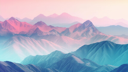 A soft and dreamy mountain landscape painted in pastel hues of pink, blue, and purple, evoking a sense of enchantment and tranquility