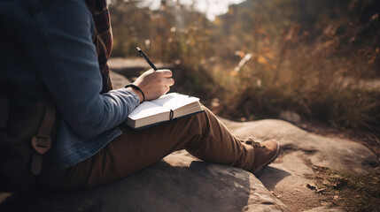 Person hands writing in a journal sitting at mountain rocks on ground. Earth Day