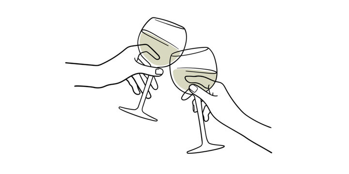 recommend clip art: Continuous line white wine cheers one line art, continuous drawing contour. Hands toasting with wine glasses with drinks. Cheers toast festive decoration for holidays. Vector illustration