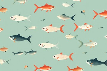 Obraz premium Various type of fish on blue background illustration.