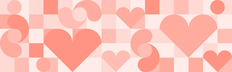 Seamless pink background for Mother's Day card template. Trendy geometric shapes with circles, squares and hearts in retro style for a Valentine's Day or wedding day cover. - obrazy, fototapety, plakaty