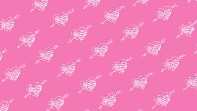 Animated pattern with hearts and Cupid's arrows drawn on pink background. Love, romance, valentine day.